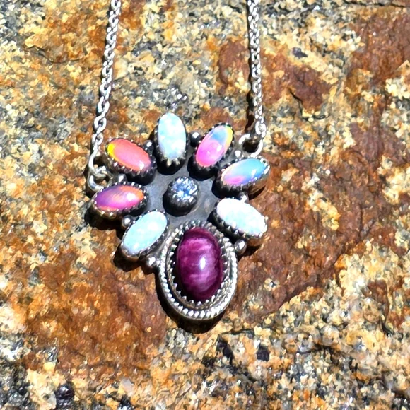 Opal & Purple Spiny & CZ Sterling Gemstone Necklace
